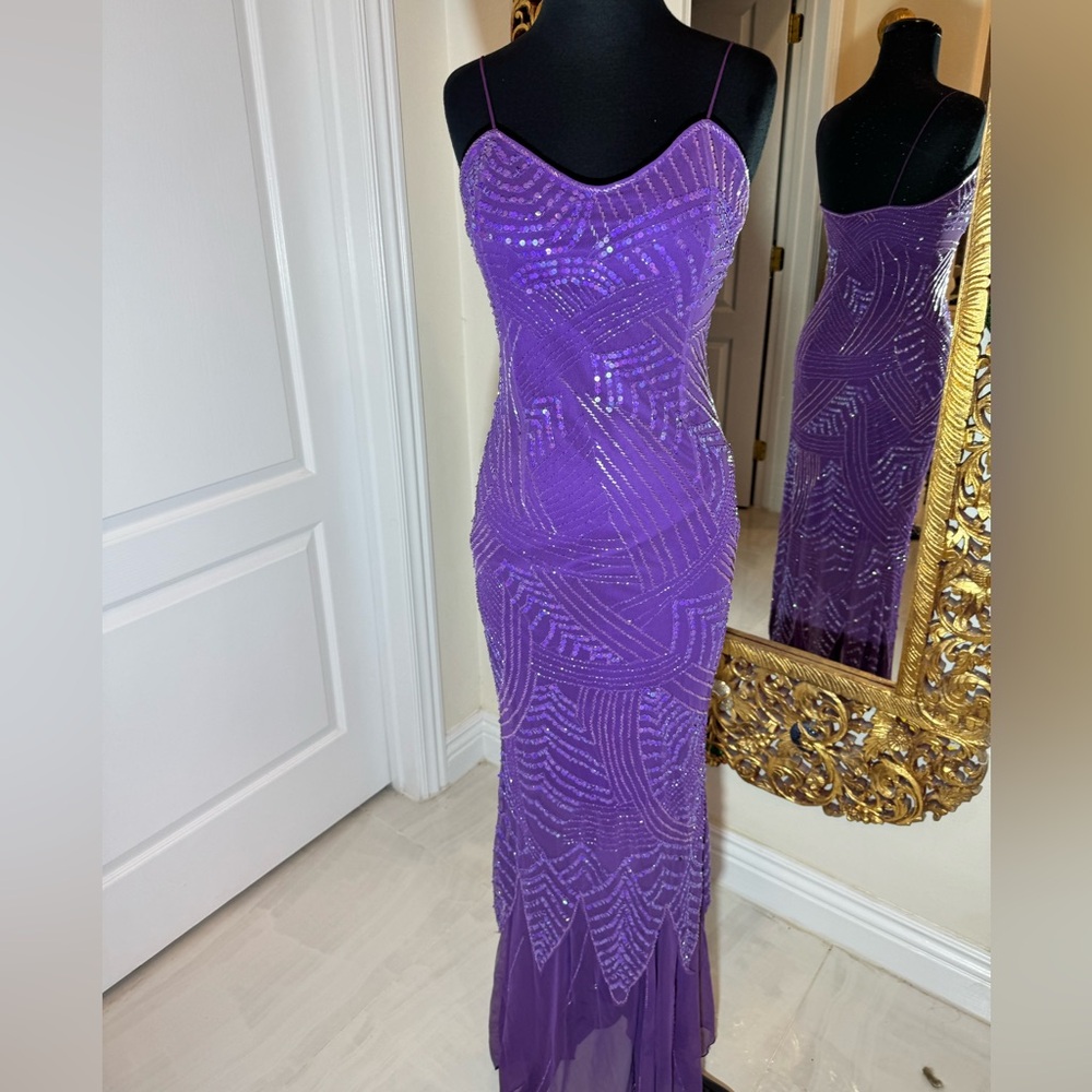Purple Sequin hand beaded on Power mesh Strapless Evening Dress - Picture 9 of 9